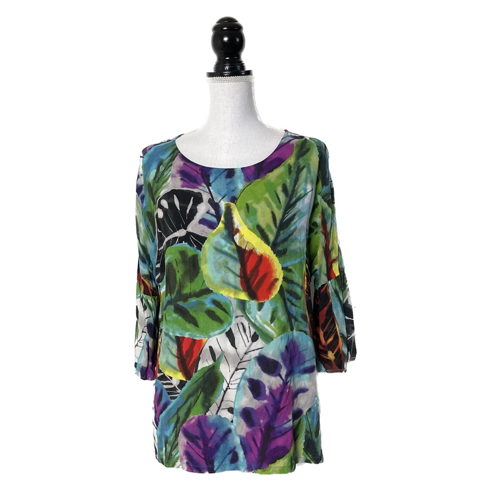 JAMS WORLD Bright Abstract Floral Bell Sleeve Top S Made in Hawaii Multicolor